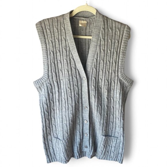 VTG Mens Gray Cable Knit Button Down Sweater Vest with Pockets XL - Picture 1 of 10
